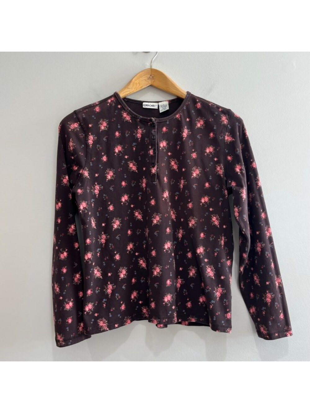 Cherokee Vtg 90s Ditsy Floral Henley Shirt Womens L Brown 100% Cotton